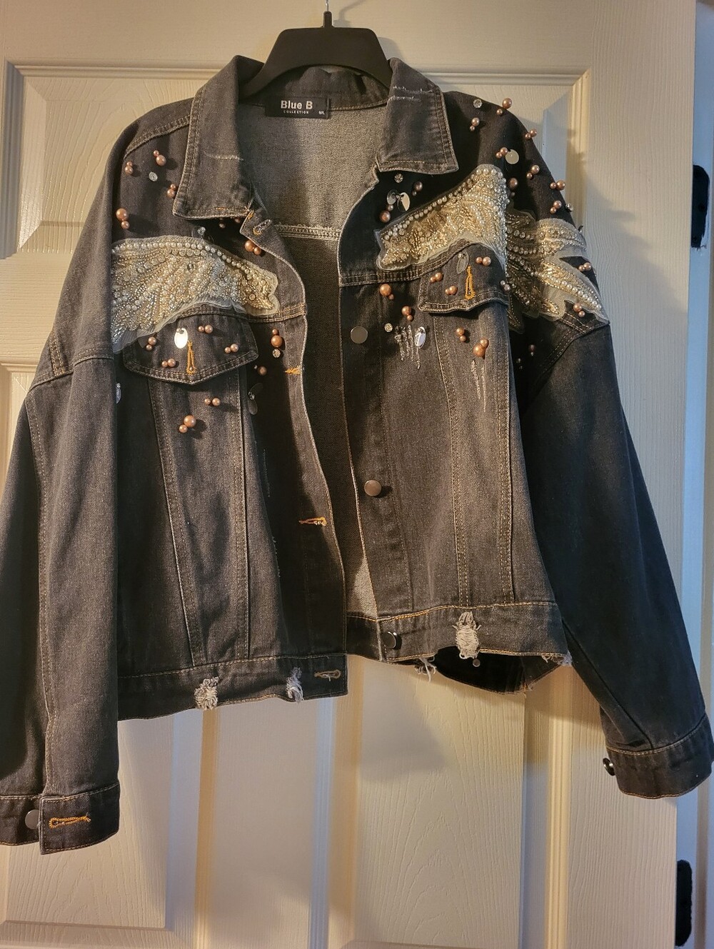 Blue B Women's Distressed Black Embellished Denim Jacket